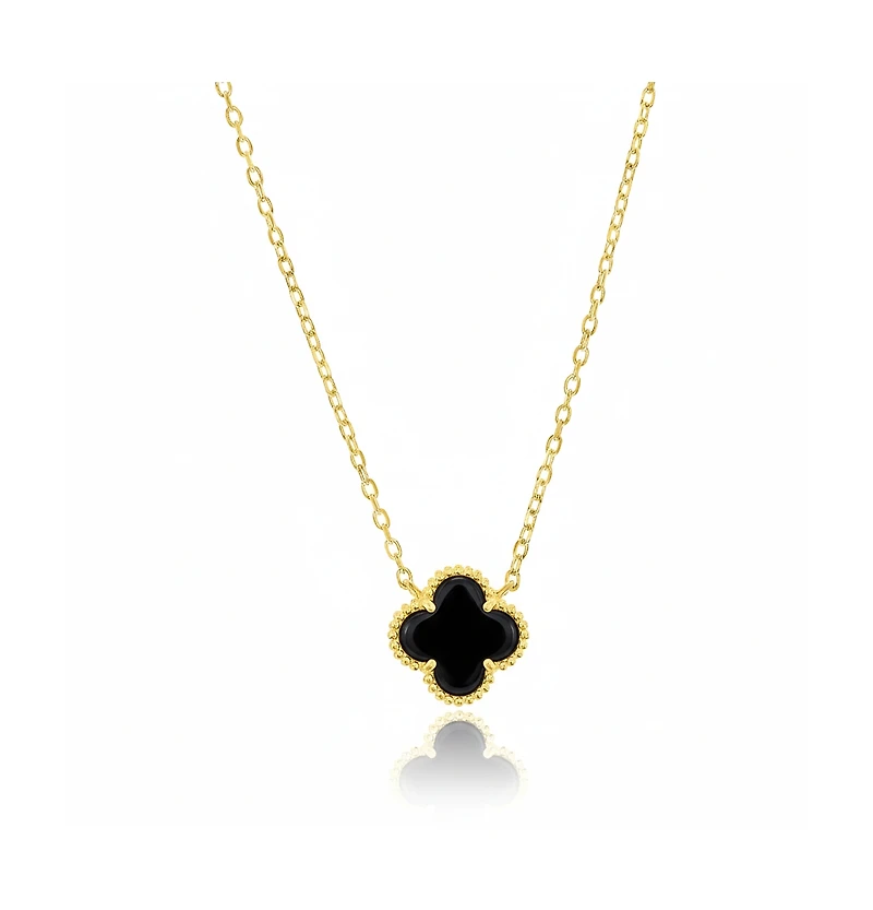 Simona Sterling Silver, Onyx Clover, Beaded Outline Necklace