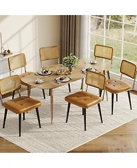 homfan Set of 6 Rattan Accent Side Dining Chairs, Padded Faux Leather Seat with Sturdy Metal Frame, Armless Chairs for Room