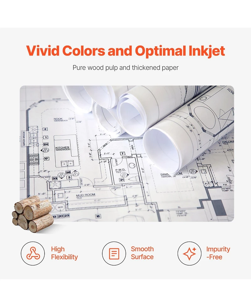 Sevorley Wide Format Plotter Paper, 24 in x 500 ft Cad Bond Rolls, 2-Pack with 3 in Core
