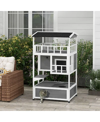 Ruie Wooden Outdoor Cat House with Asphalt Roof Escape Doors and Jump Platform