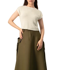 Ivonne Women's Textured Cap Sleeve Boat Neck Knit Cropped Top