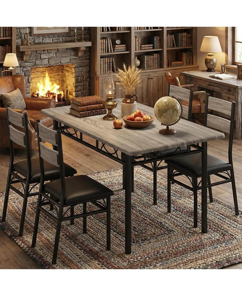 homfan 5-Piece Dining Set for 4 – Industrial Rectangular Table with 4 Upholstered Chairs, Sturdy Metal Frame for Kitchen and Apartment
