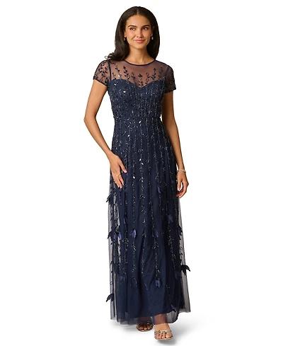 Adrianna Papell Women's Crewneck Beaded 3D Petal Ball Gown