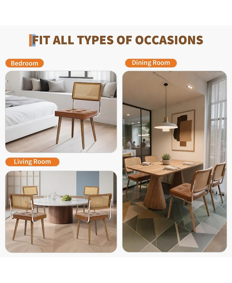 homfan Upholstered Rattan Dining Chairs with Tall Cane Backrest, Pu Seat, and Wood Legs, Set of 4 or 6