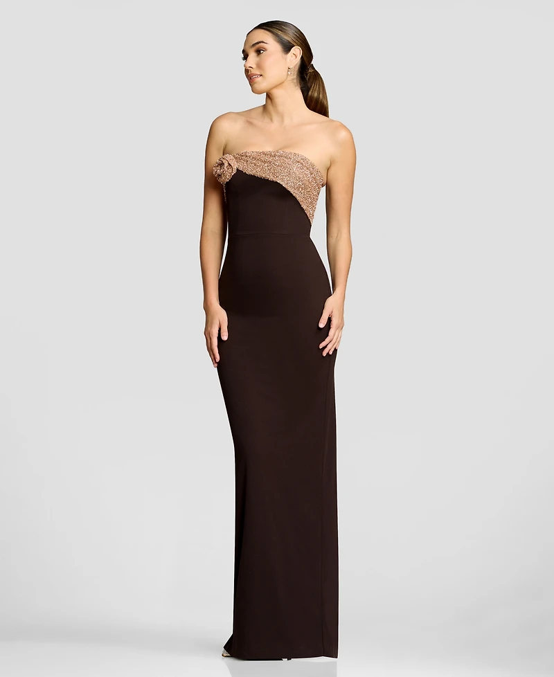 Dress the Population Women's Contrast Strapless Rosette Column Gown