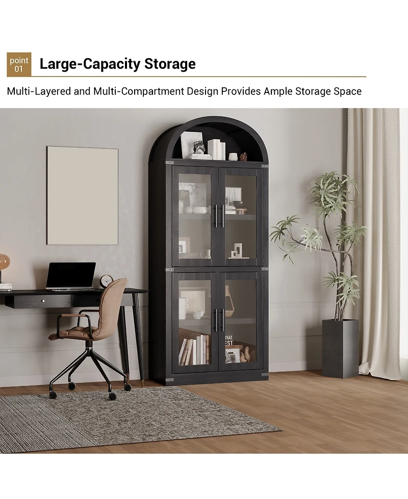 homfan Arched Storage Cabinet with Glass Doors, Tall 4 Tier Freestanding Organizer for Entryway, Living Room, Home Office