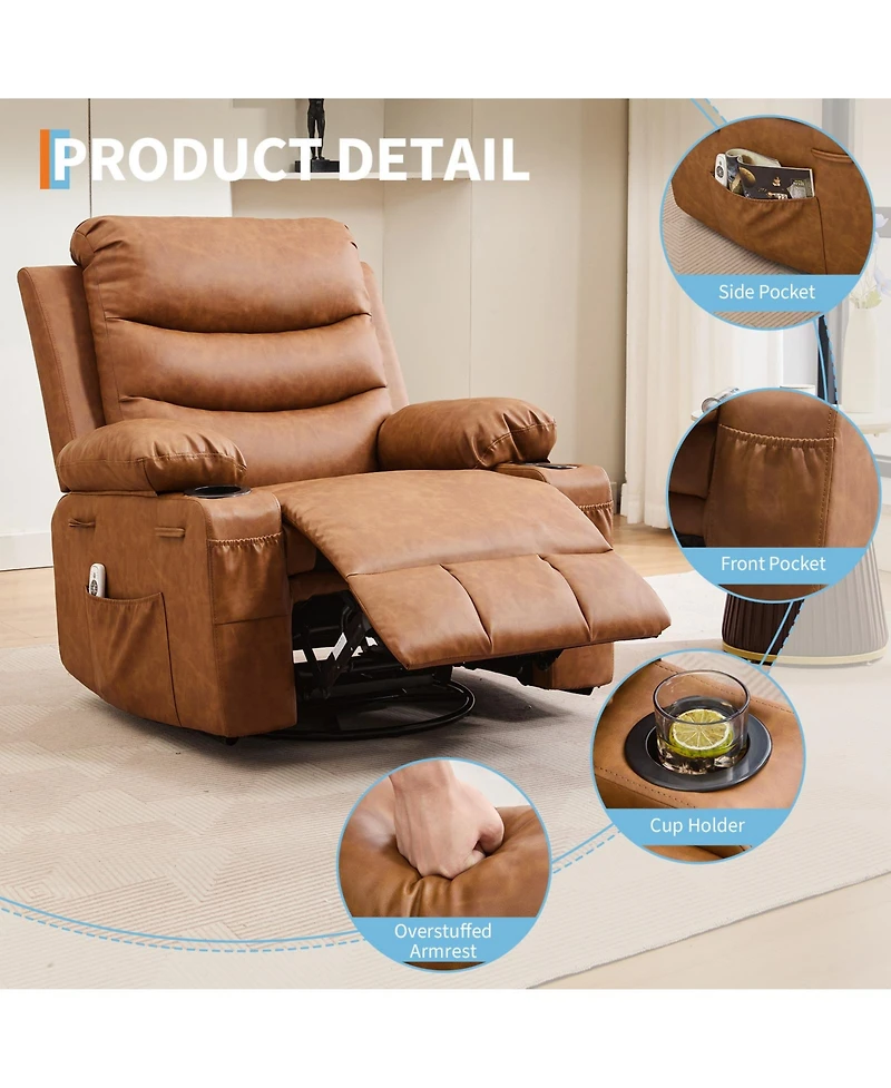 homfan Oversized Manual Rocking Chair, Corduroy 360degree(s) Swivel Glider with Cup Holder, Massage and Heat Recliner, Small Sofa Chair