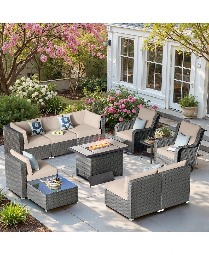 Xizzi 11-Piece Outdoor Patio Furniture Set With Fire Pit Table, Wicker Conversation Sectional Sofa, Swivel Chairs, Coffee and Side Table