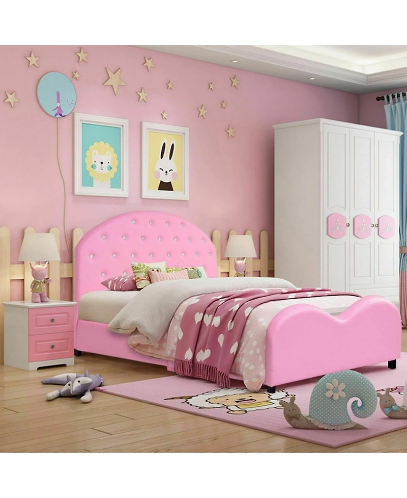Gouun Twin Upholstered Pu Platform Toddler Bed with Wood Slat Support