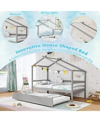 Gouun Kids Twin House Bed with Roof and Pull-Out Trundle for Sleepovers