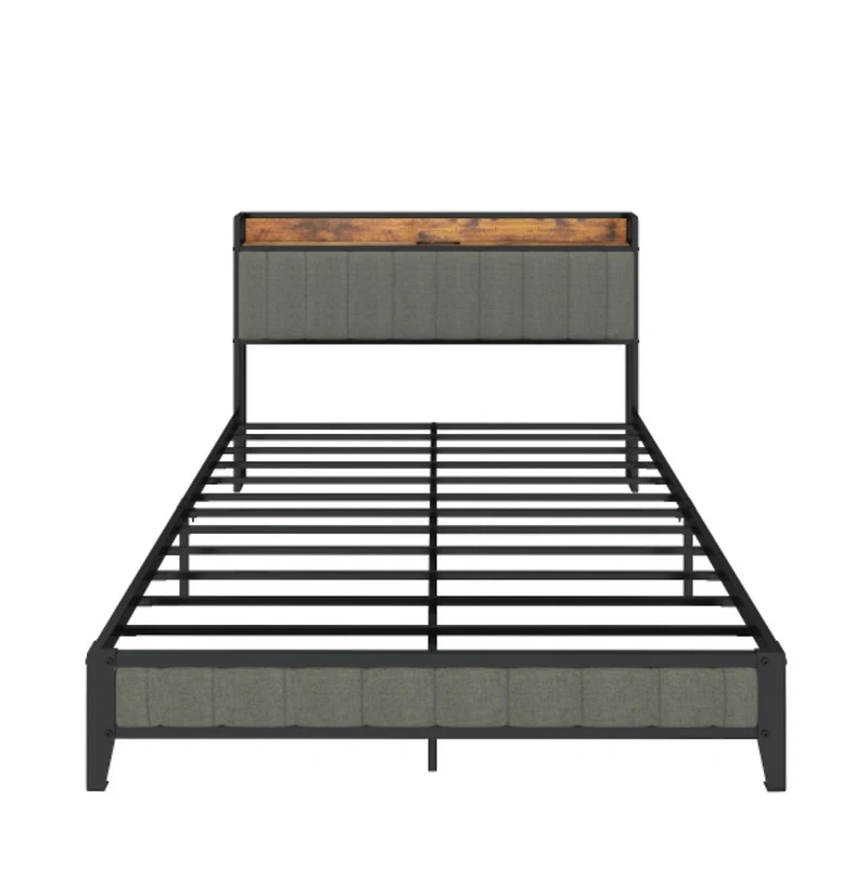Lucky One King Size Platform Bed Frame with Usb Outlets and Shelf, Heavy Duty Metal Slats, No Box Spring Needed, Under-Bed Storage