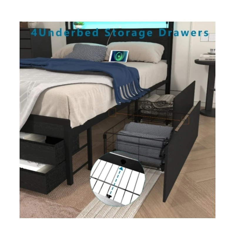 Lucky One Queen Size Bed Frame with 8 Storage Drawers, Led Headboard, Usb Charging Station, Metal Platform