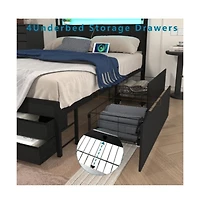 Lucky One Queen Size Bed Frame with 8 Storage Drawers, Led Headboard, Usb Charging Station, Metal Platform