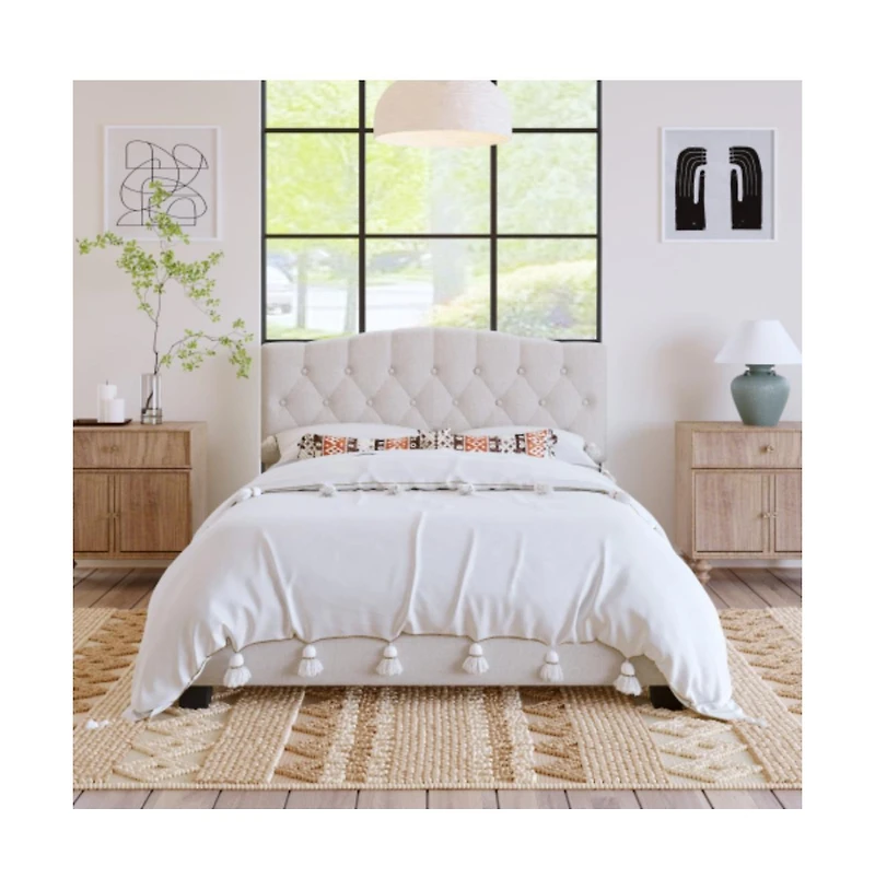 Lucky One Queen Size Upholstered Platform Bed with Adjustable Curved Headboard, Diamond Tufting, Wooden Slats, No Box Spring Needed