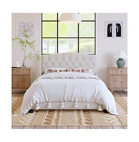Lucky One Queen Size Upholstered Platform Bed with Adjustable Curved Headboard, Diamond Tufting, Wooden Slats, No Box Spring Needed