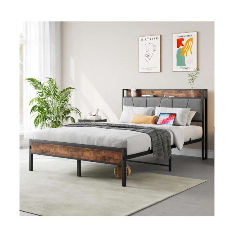 Lucky One Full Size Bed Frame with Storage Headboard, Usb Charging Station, Upholstered Design, Metal Slats, No Box Spring Needed