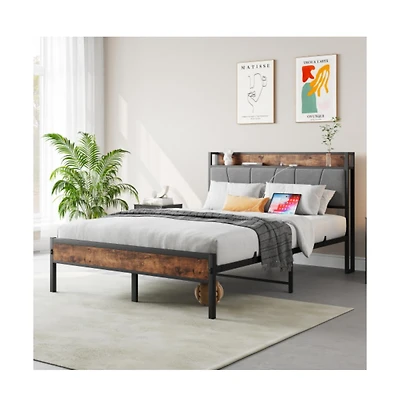 Lucky One Full Size Bed Frame with Storage Headboard, Usb Charging Station, Upholstered Design, Metal Slats, No Box Spring Needed