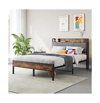 Lucky One Full Size Bed Frame with Storage Headboard, Usb Charging Station, Upholstered Design, Metal Slats, No Box Spring Needed