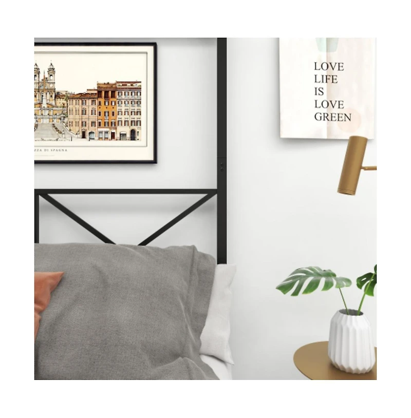Lucky One Queen Size Metal Canopy Bed Frame with X-Shaped Frame, Platform Bed, Steel Construction, No Box Spring Needed, Under-Bed Storage