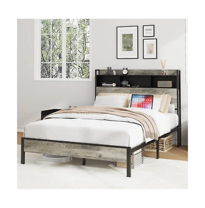 Lucky One Full Size Wooden Platform Bed Frame with Storage Headboard, Usb Charging, Wood Slats, No Box Spring Needed, Under-Bed Storage