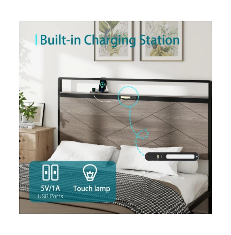 Lucky One Full Size Wooden Platform Bed Frame with Storage Led Headboard, Usb Charging, Metal Frame, No Box Spring Needed
