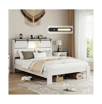 Lucky One Queen Size Metal Bed Frame with Storage Headboard, Usb Charging, Heavy Duty Metal Slats, No Box Spring Needed