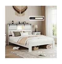 Lucky One Queen Size Metal Bed Frame with Storage Headboard, Usb Charging, Heavy Duty Metal Slats, No Box Spring Needed