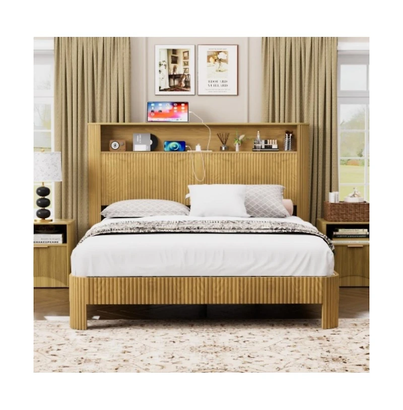 Lucky One Queen Size Bed Frame with Storage Headboard, Usb Charging Station, Wavy Curved Design, Metal Support, No Box Spring Needed