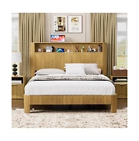 Lucky One Queen Size Bed Frame with Storage Headboard, Usb Charging Station, Wavy Curved Design, Metal Support, No Box Spring Needed