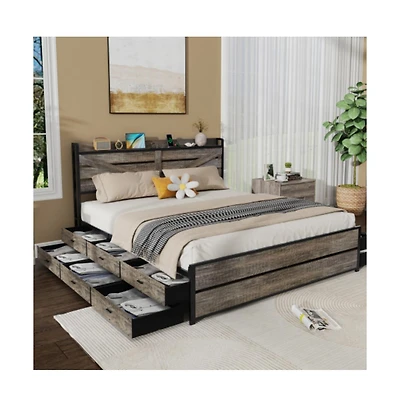 Lucky One King Size Bed Frame with Storage Headboard, 12 Drawers, Usb Charging Station, All-Metal Support, No Box Spring Needed