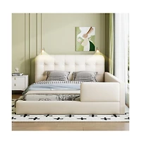 Lucky One Queen Size Upholstered Platform Bed with 2 Reading Lights, Pu Leather, Wood Slats, No Box Spring Needed