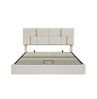 Lucky One Queen Size Upholstered Platform Bed with Hydraulic Storage System, Soft Fabric Headboard