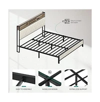 Lucky One King Size Platform Bed Frame with Charging Station, Upholstered Storage Headboard and Footboard, Metal Slats, No Box Spring Needed