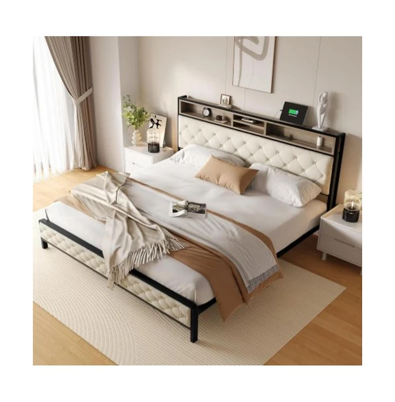 Lucky One King Size Platform Bed Frame with Charging Station, Upholstered Storage Headboard and Footboard, Metal Slats, No Box Spring Needed