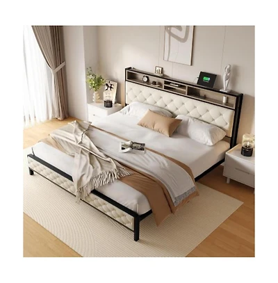 Lucky One King Size Platform Bed Frame with Charging Station, Upholstered Storage Headboard and Footboard, Metal Slats, No Box Spring Needed