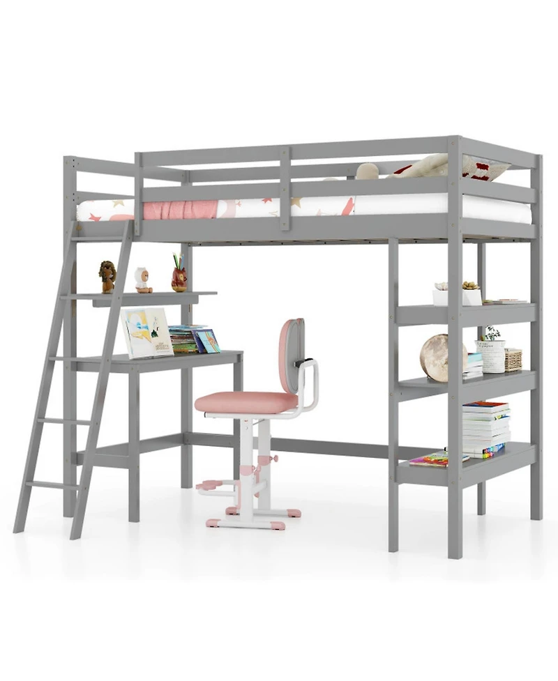 Gouun Twin Loft Bed with Integrated Desk and Bookshelves for Kids and Teens