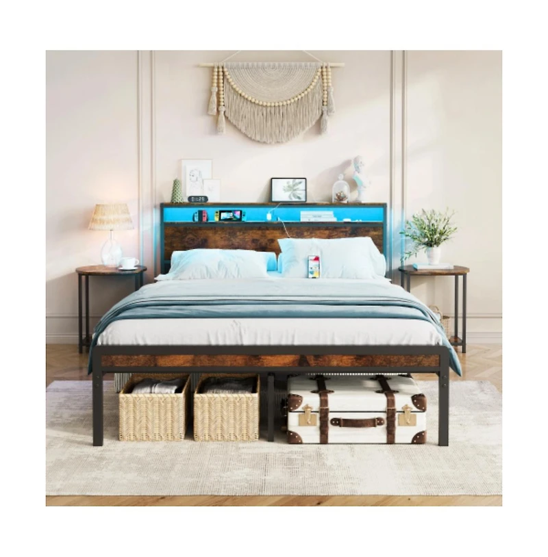 Lucky One Full Size Metal Bed Frame with Headboard and Footboard, Led Lighting, Heavy Duty Steel Slats, No Box Spring Needed