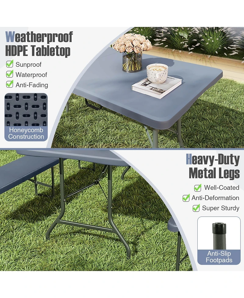Gymax 3 pieces Folding Picnic Table Set with 6 ft Table and 2 Benches Hdpe Tabletop Bench Top