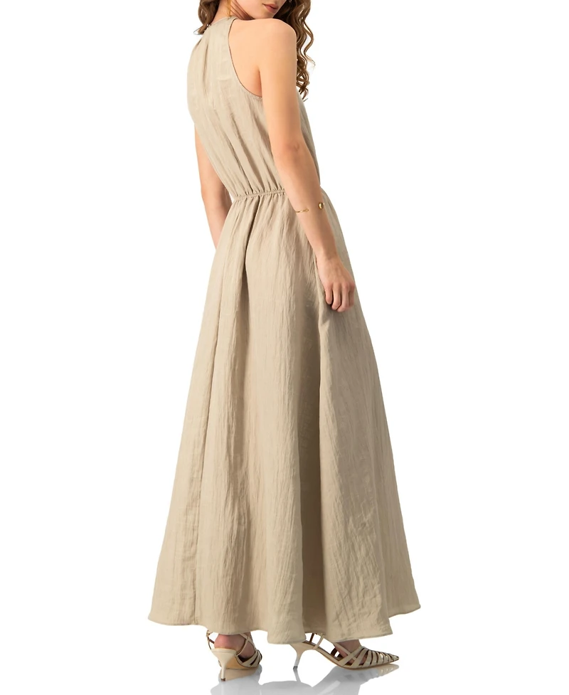 Ivonne Sleeveless Crinkle Halter Maxi Dress with Cinched Waist A-Line