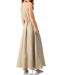Ivonne Sleeveless Crinkle Halter Maxi Dress with Cinched Waist A-Line