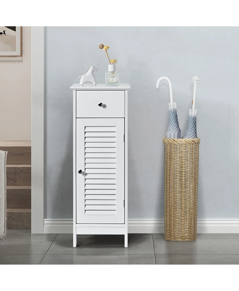 Gymax Bathroom Floor Storage Cabinet Side Wooden Organizer with Drawer and Shutter Door