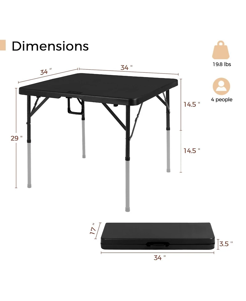 Piscifun Folding Card Table Square Portable Detachable Dual Height Adjustable Heavy Duty Indoor Outdoor Dining Game Picnic