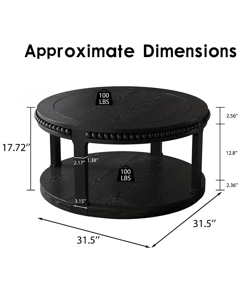 The Pop Home 31.5" Round Coffee Table, 2-Tier Solid Wood Accent Table with Shelf