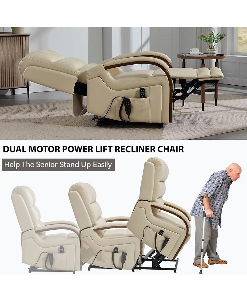Maison Boucle Faux Leather Power Lift Chair for Elderly with Heat and Massage, Dual Motor Infinite Position Electric Recliner Solid Wood Armrests