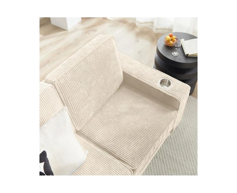 Rainsken 83.86" Corduroy 3-Seater Sofa with Cup Holder, High Resilience Sponge , Pet Friendly Modern Furniture for Living Room Bedroom Office