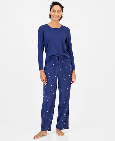 Charter Club Women's Long-Sleeve Cotton-Blend Top and Fleece Pajama Pants Set, Macy's Exclusive