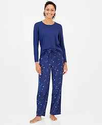Charter Club Women's Long-Sleeve Cotton-Blend Top and Fleece Pajama Pants Set, Macy's Exclusive