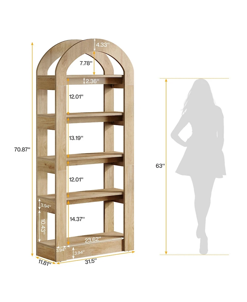 Tribesigns 70.87" Tall Arched Bookshelf, Rustic Oak Bookcase with 5-Tier Storage, Modern Decorative Display Shelf