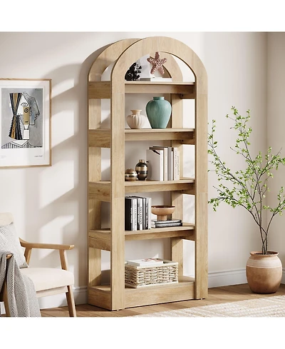Tribesigns 70.87" Tall Arched Bookshelf, Rustic Oak Bookcase with 5-Tier Storage, Modern Decorative Display Shelf