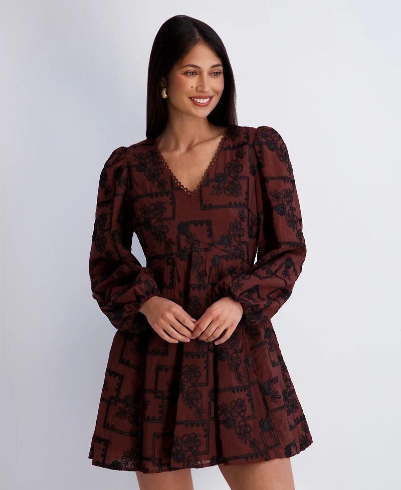 Kensie Women's Embroidered V-Neck Blouson Sleeve Mini Dress